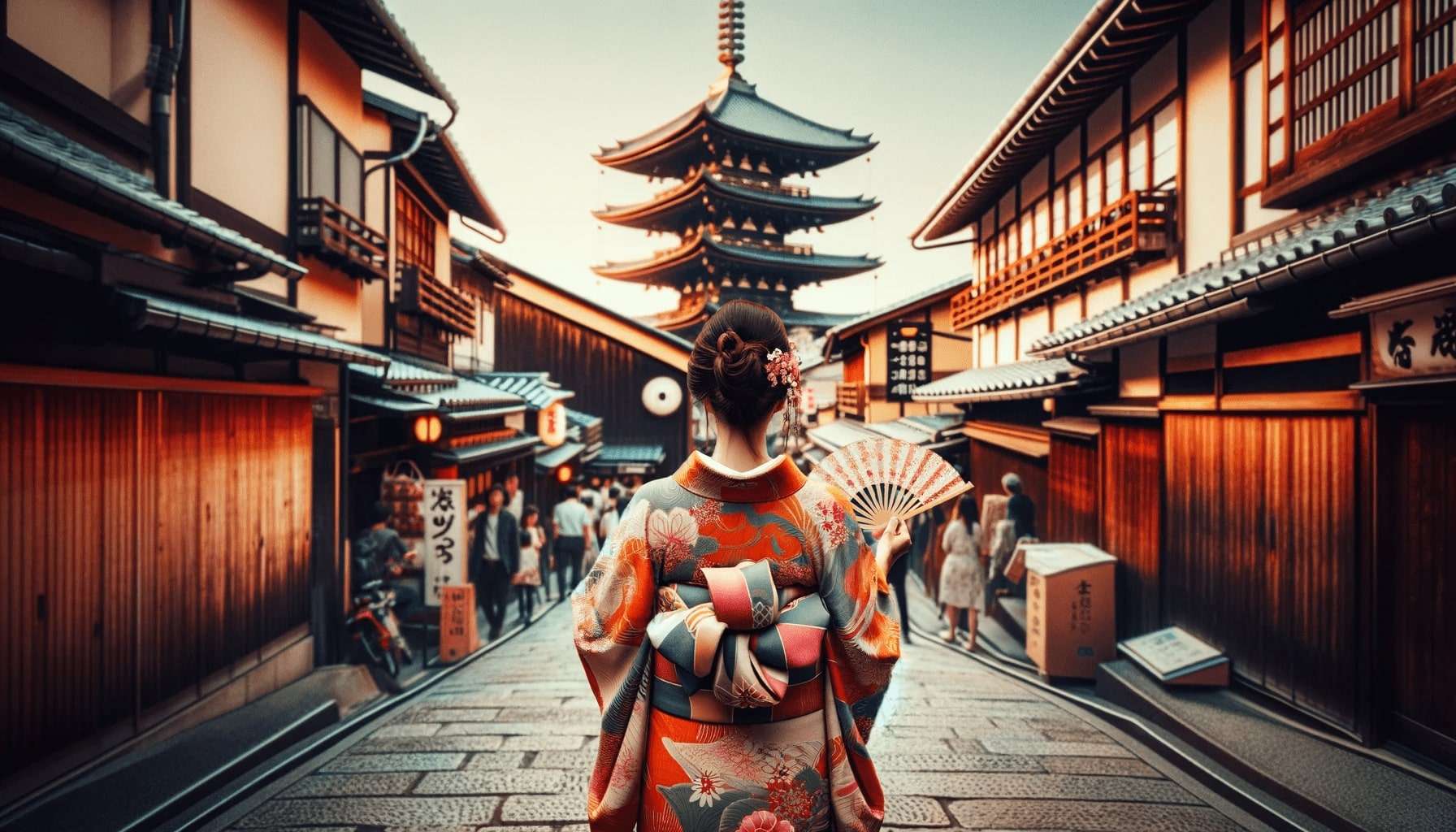 donna asiatica di spalle che indossa il kimono tradizionale giapponese