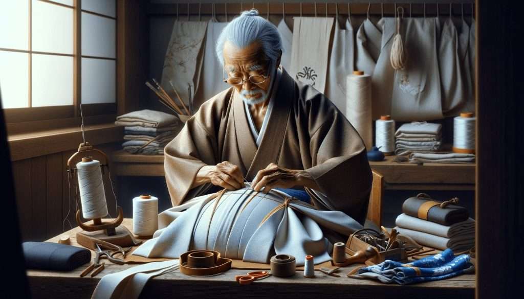 un anziano artigiano alle prese con la realizzazione di un Kesho-mawashi fatto a mano